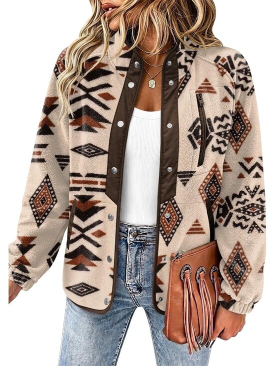 Jackets & Blazers - Women's Khaki Fleece Jacket Western Aztec Print Snap Button Down Outerwear